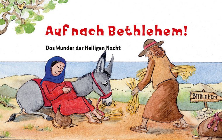 Maria und Josef lagern mit Esel vor Bethlehem.