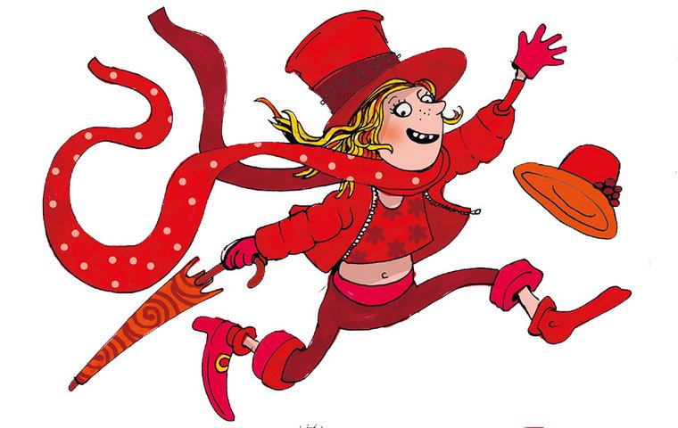 Rot gekleidetes Kind rennt mit wehendem Schal, Hut und Schirm