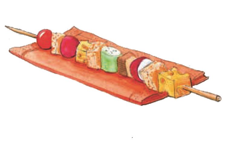 Holzspieß mit Brotwürfeln und Gemüse